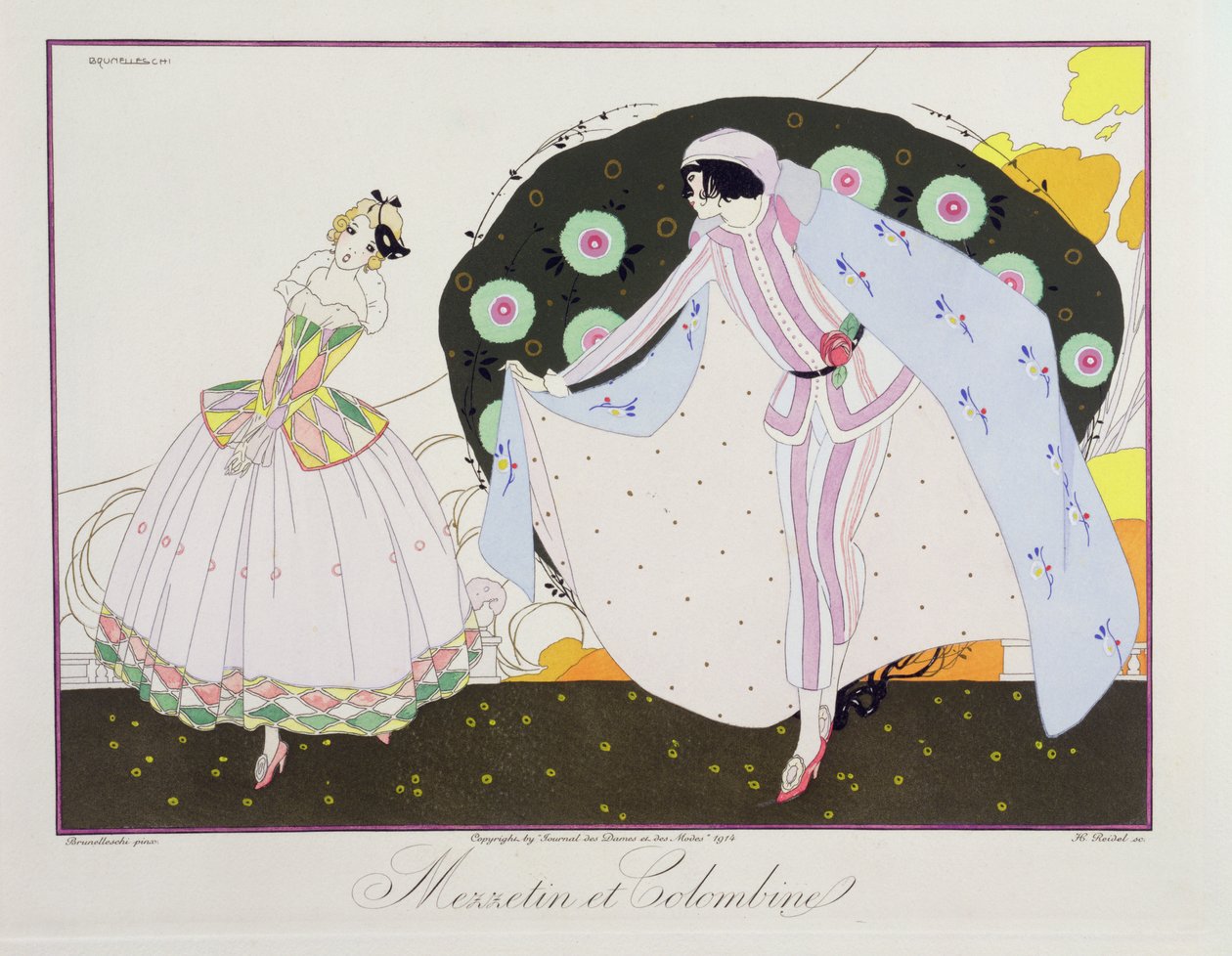 Mezzetin og Colombine, fra 'Masks and Characters of Italian Theatre'-utgaven av Le Journal des Dames et des Modes, gravert av Henri Reidel (fl. 1914-20) 1914 (farge litho) av Umberto (after) Brunelleschi
