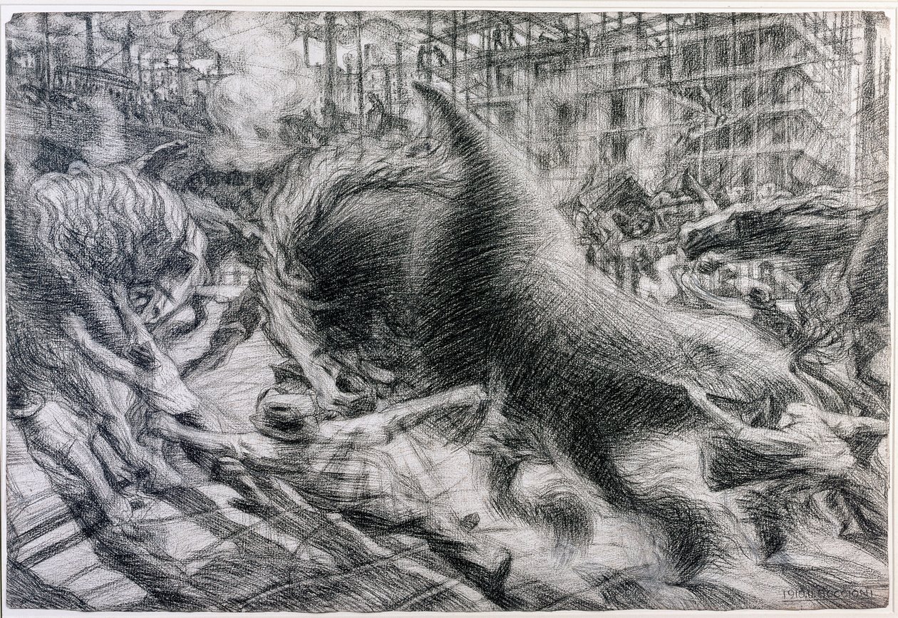 Futurisme: "" La citta che dirty"" (Den stigende byen). Tegning på papp av Umberto Boccioni (1882-1916) av Umberto Boccioni