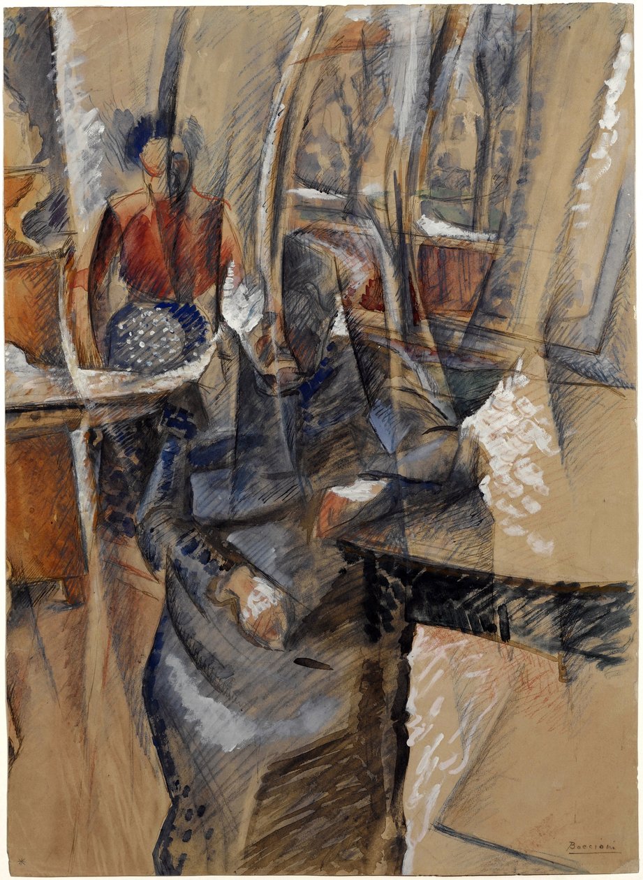 Interiør med to kvinneskikkelser par Boccioni, Umberto (1882-1916). Akvarell og tempera på papir, størrelse: 65,4x47,5 av Umberto Boccioni