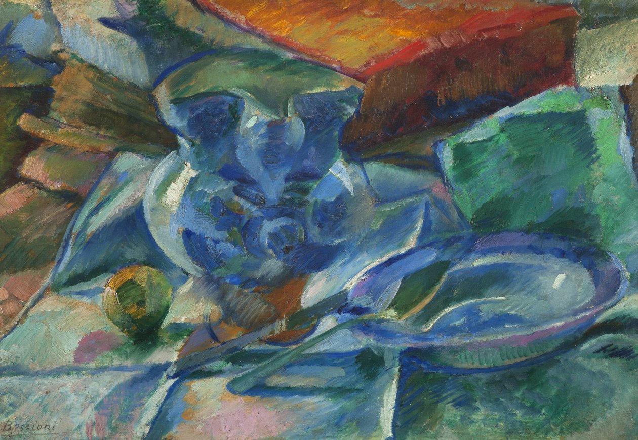 Stilleben av lertøy, bestikk og frukt, 1915 av Umberto Boccioni