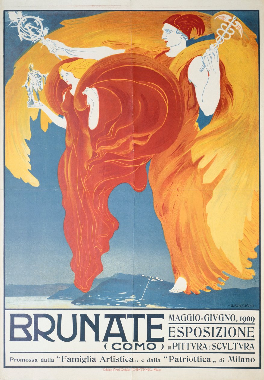 Plakat for utstilling av maleri og skulptur i Brunate av Umberto Boccioni (1882-1916), kromolitografi, 70x50 cm av Umberto Boccioni
