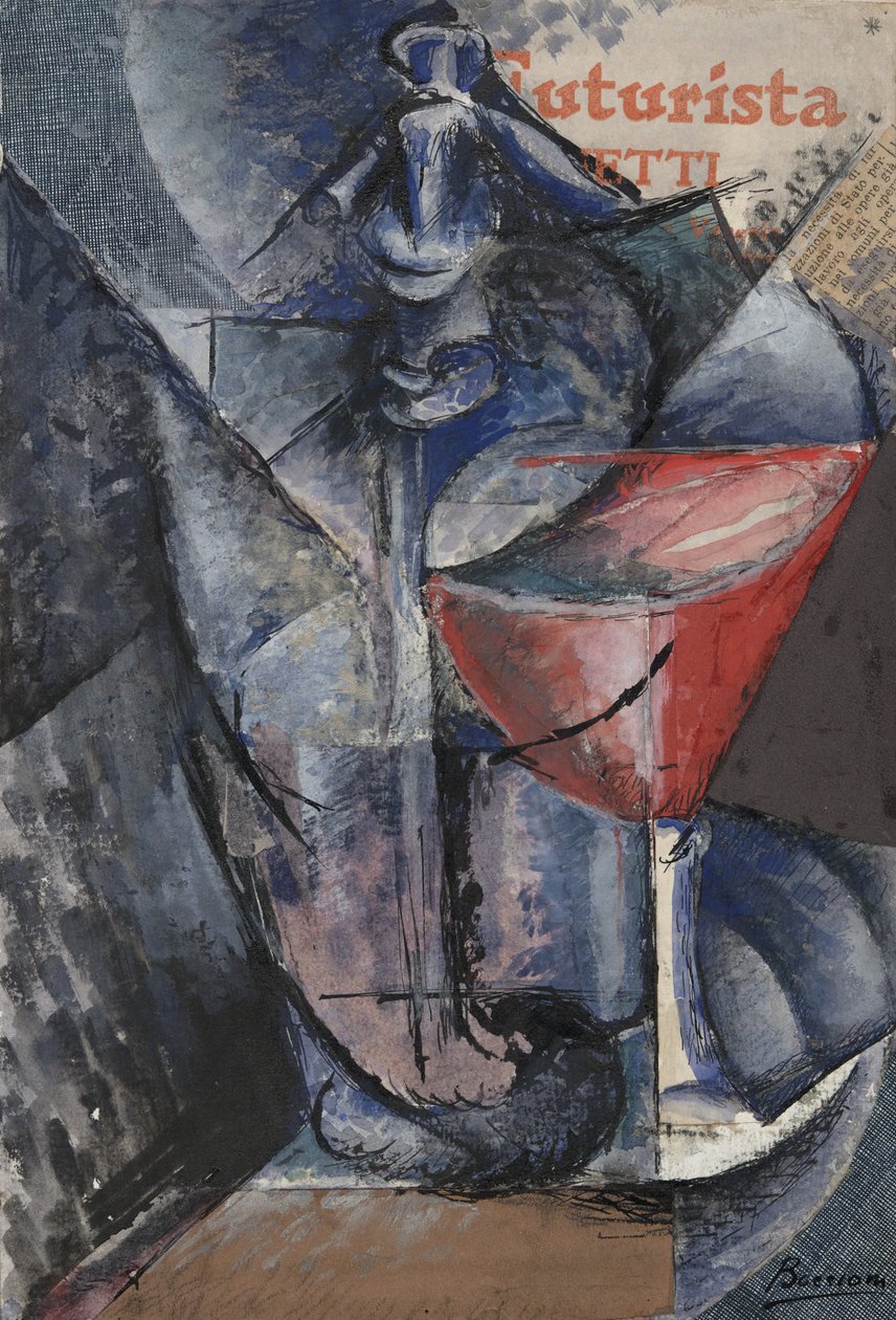 Still Life: Glass and Siphon, ca. 1914 (collage, gouache, penn og blekk) av Umberto Boccioni