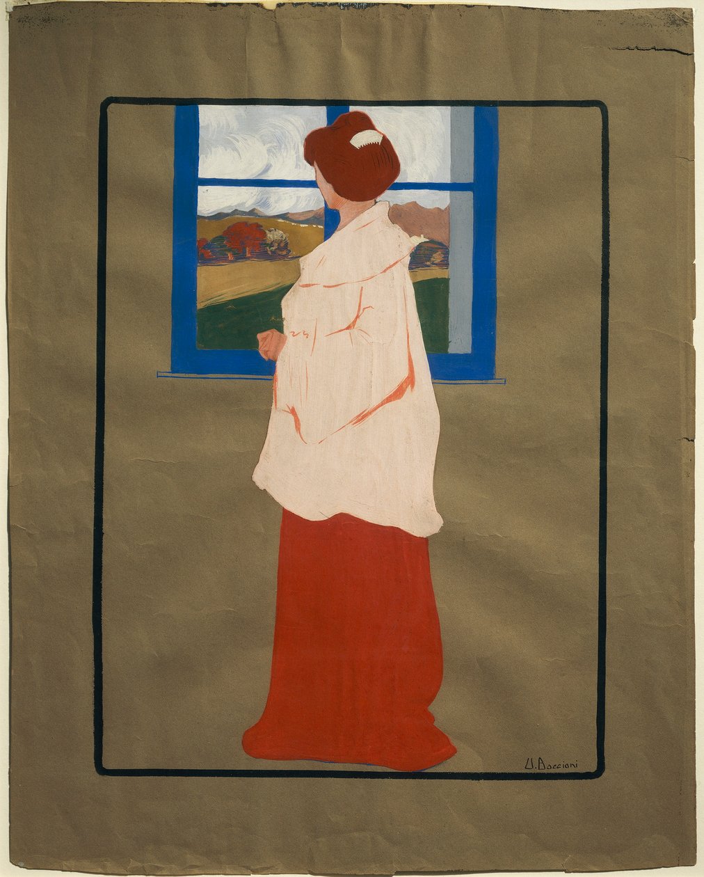 Woman at Window (Høst), ca. 1908, av Umberto Boccioni (1882-1916), tempera på papp, 32x25 cm av Umberto Boccioni
