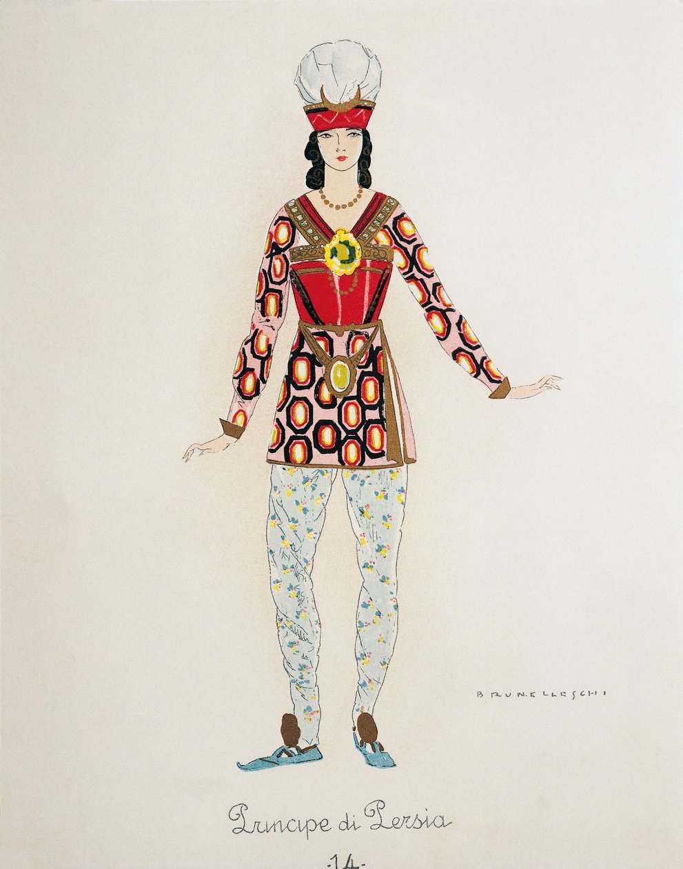 Kostyme til prinsen av Persia fra Turandot av Giacomo Puccini, skisse av Umberto Brunelleschi (1879-1949) for første forestilling av operaen på Teatro alla Scala i Milano, 25. april av Umberto Brunelleschi
