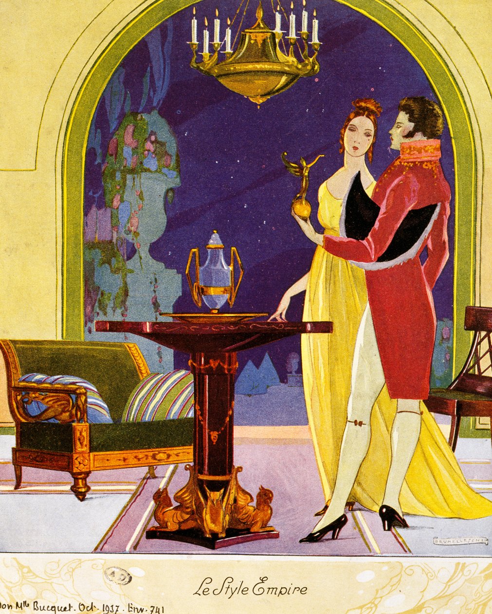 Empirestilscene, teatralsk setting, akvarell av Umberto Brunelleschi