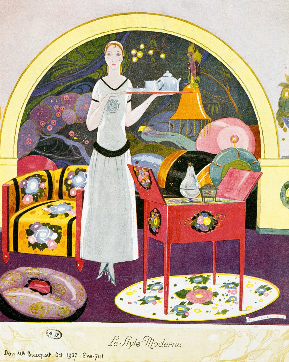 Scene i moderne stil, teatralske omgivelser, akvarell av Umberto Brunelleschi