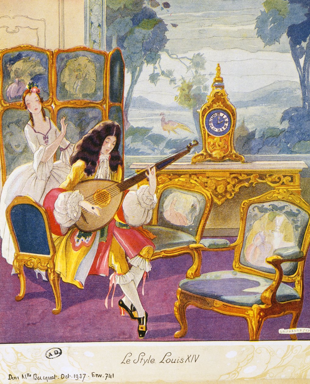 Scene i stil med Louis XIV, teatralsk setting, akvarell av Umberto Brunelleschi