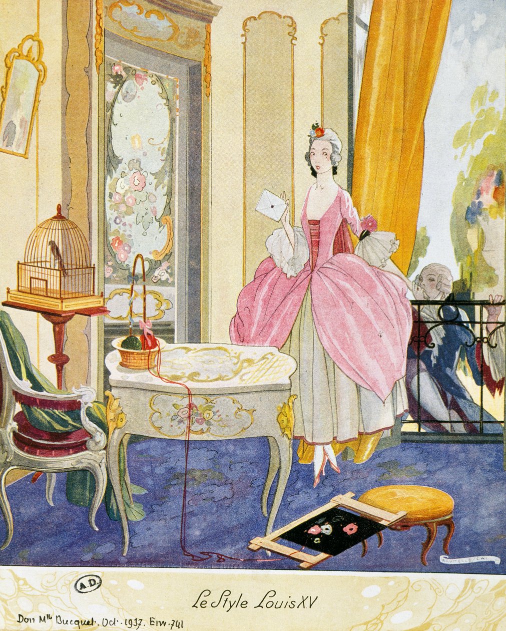 Scene i stil med Louis XV, teatralsk setting, akvarell av Umberto Brunelleschi