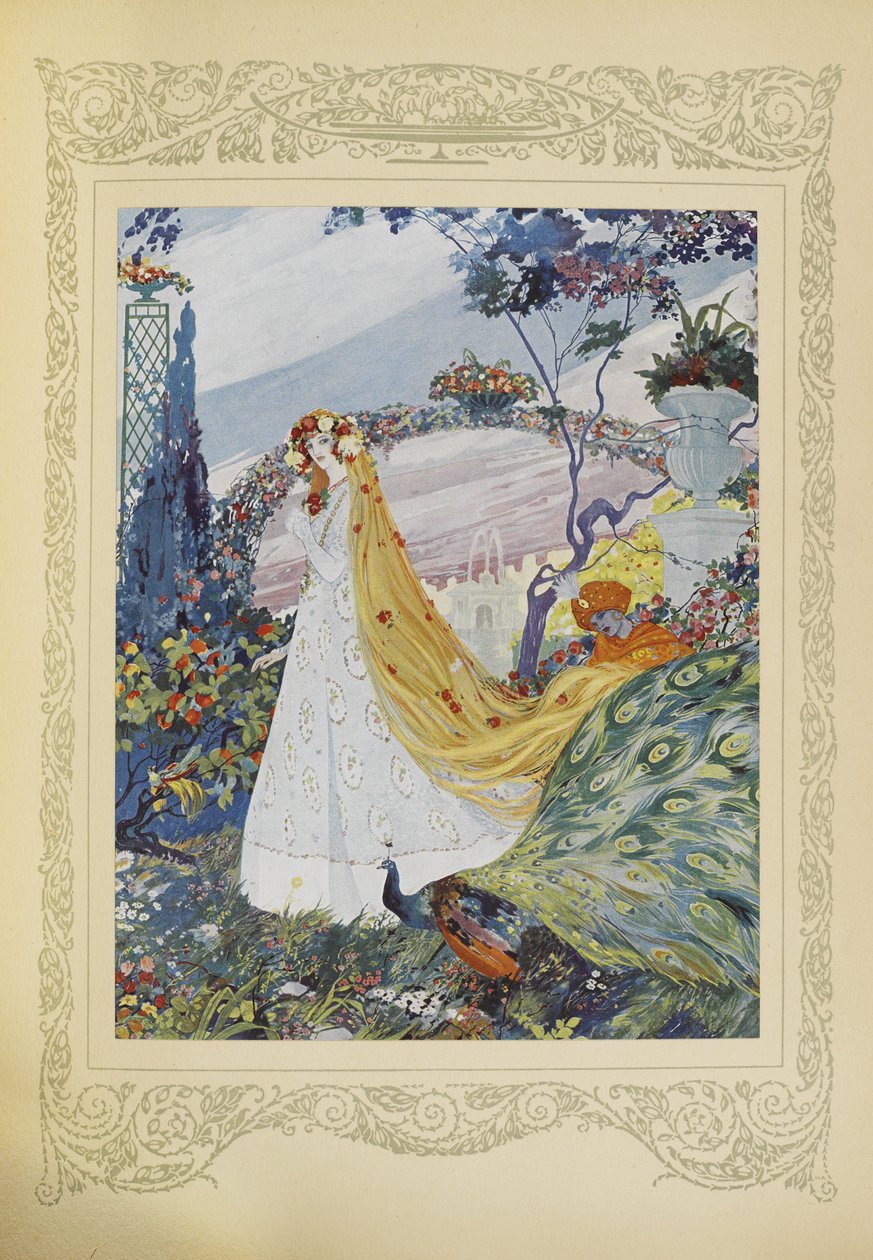 Hun dekket alltid det krøllede håret med en krone av blomster på hodet, illustrasjon fra 'Contes du Temps Jadis' eller 'Tales from Times Past', s.10 av Umberto Brunelleschi