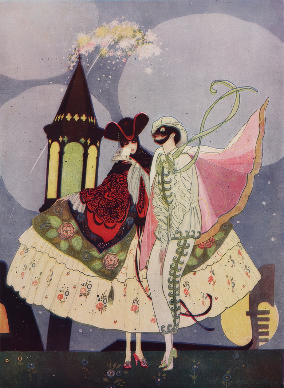 To venetianske masker og en gondol på Carnevale-anlegget av Umberto Brunelleschi