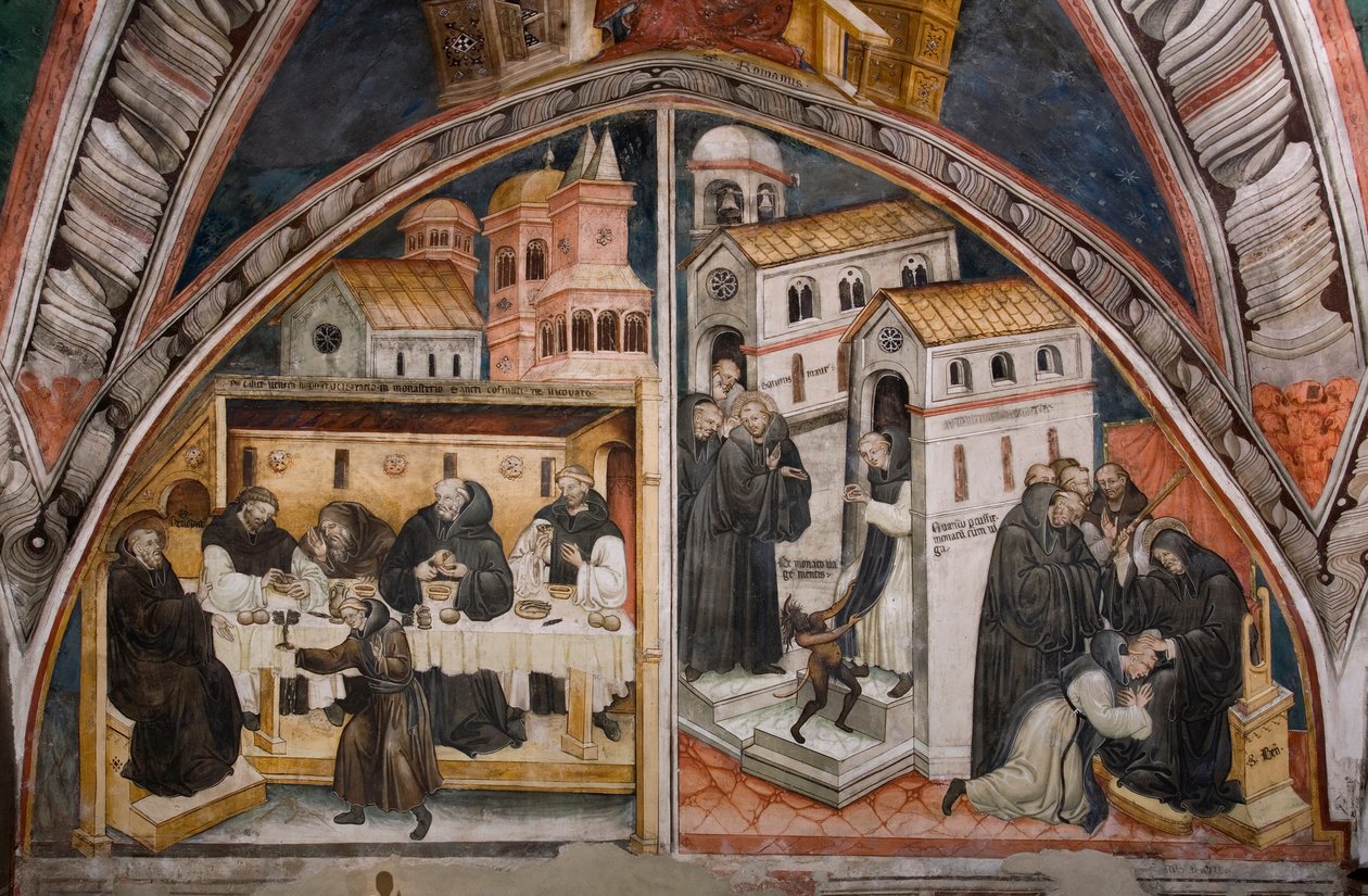Episoder av livet til Saint Benedict of Nursie: "Til venstre angrepet av munkene i Vicovaro som søker å forgifte Saint Benoit, denne bryter mirakuløst koppen som inneholder giften, til høyre kriger Saint Benoit en munk med acedie" Fresco o av Umbrian School