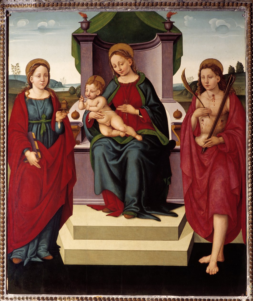 Madonna på tronen mellom St. Magdalena og Sebastian (olje på lerret av Umbrian School