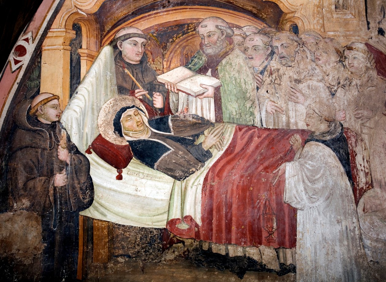 Døden til Saint Scolasticus (v. 480- v. 543), søster til Saint Benedict of Nursie Hun er omgitt av benediktinermunker. Freske av Umbria-skolen på 1400-tallet. Klosteret Saint Benedetto (Sacro Speco), Subiaco (Roma), Italia av Umbrian School