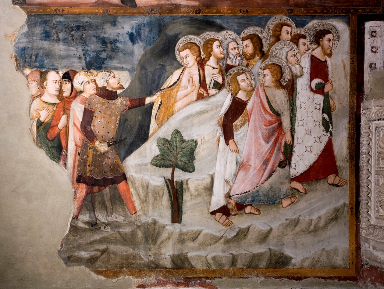 Flukten fra apostlene. Detalj. Freske av Umbria-skolen på 1400-tallet. Superior kirke. Klosteret Saint Benedetto (Sacro Speco), Subiaco (Roma), Italia av Umbrian School