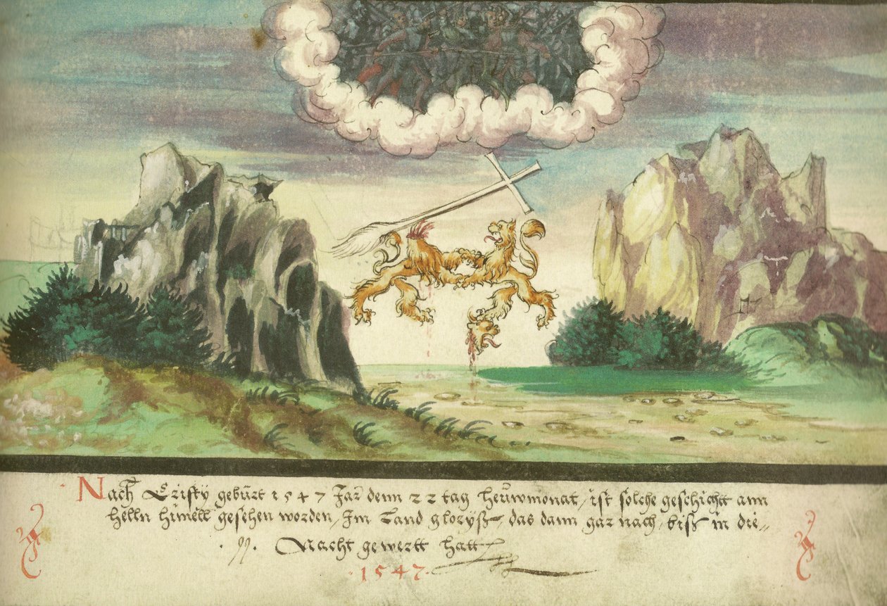Augsburger Wunderzeichenbuch - Folio 157 - Himmelsk kamp, ​​løver over Glarus av Unbekannt Unbekannt