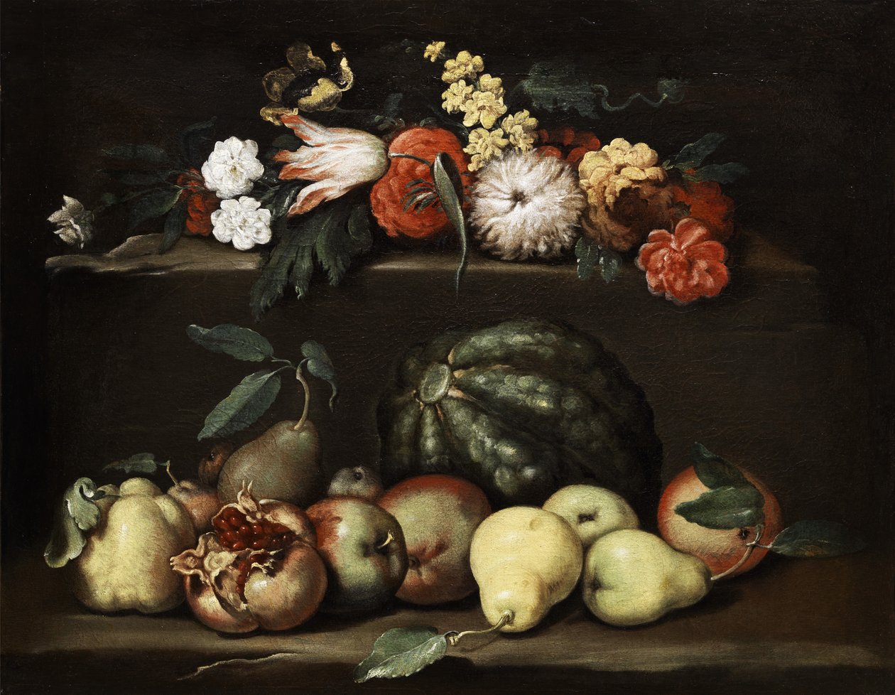 Stilleben med blomster og frukt av Unbekannt Unbekannt