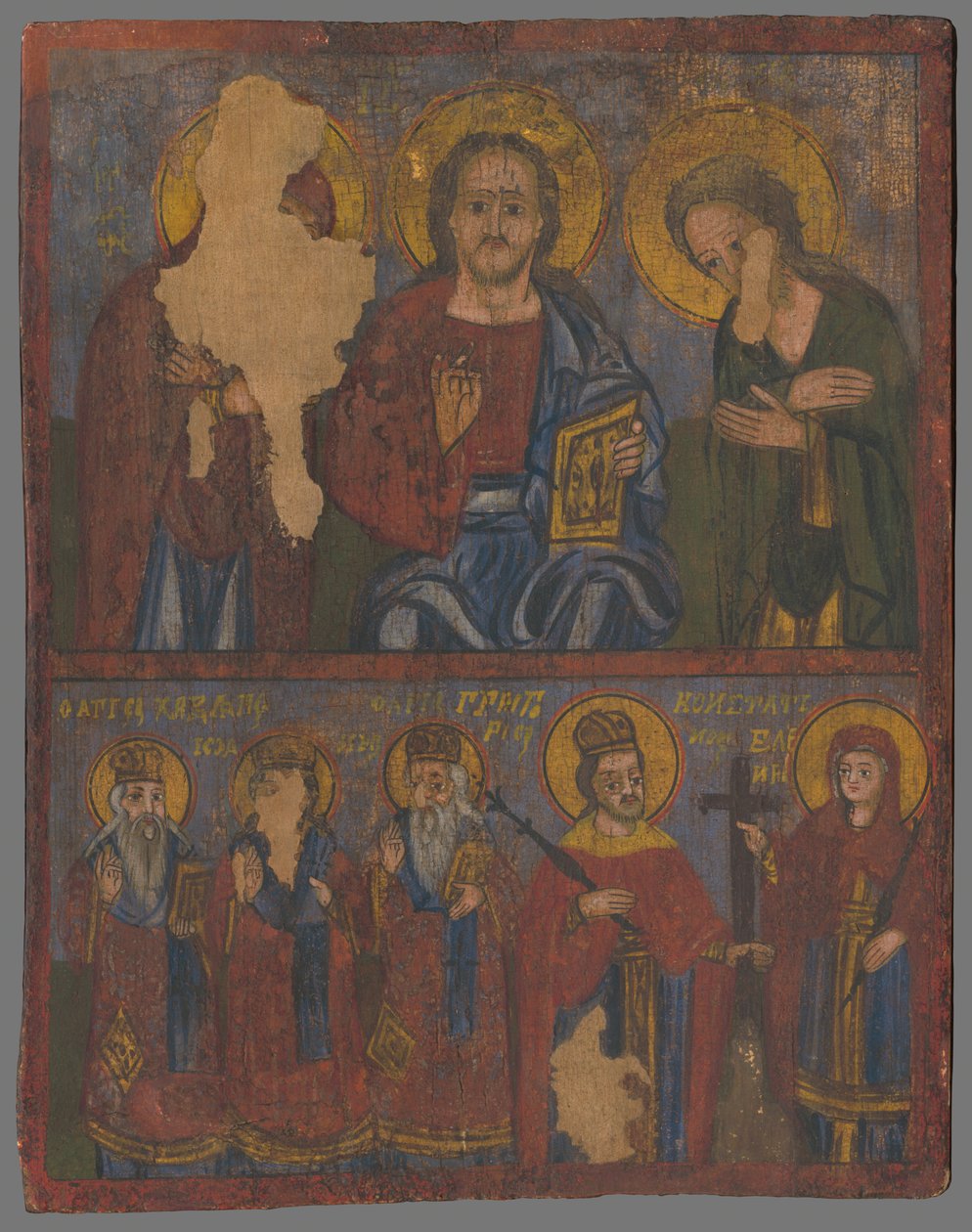 Deesis med St. Charlampi, St. Ján Zlatoústy, st. Gregor Naziansky, vol. Constantine og Helena av Unbekannt Unbekannt