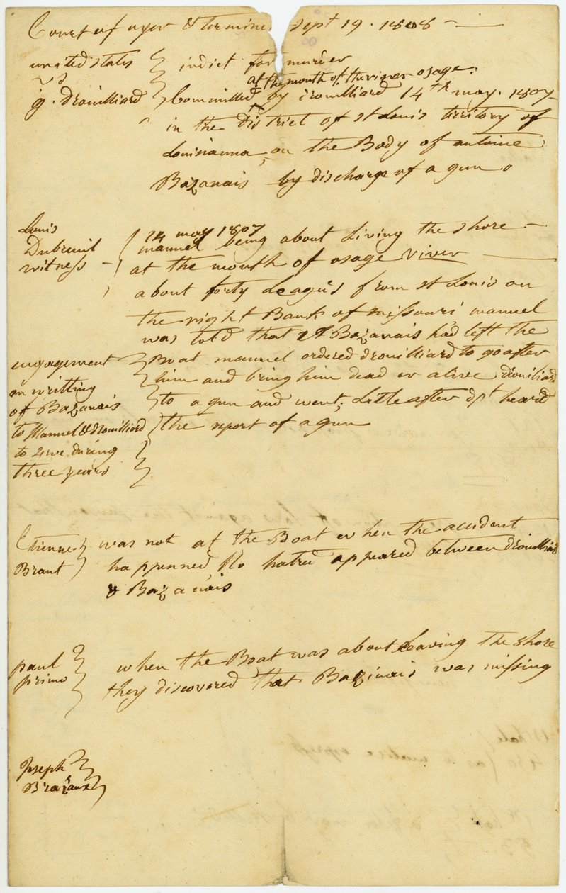 Drouillard ble tiltalt for drapet på Antoine Bazanais [Antoine Bissonet] ved munningen av elven Osage, 14. mai 1807 av Unbekannt Unbekannt