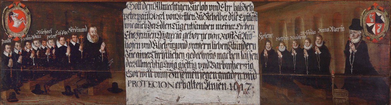 Epitafium av Peter Paul von Mörl von Pfalzen zu Mühlen og Sichelburg, hans kone Margret von Rost zu Aufhofen og Kehlburg og deres barn av Unbekannt Unbekannt