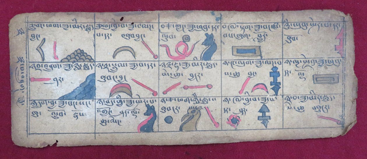 Ersu astrologisk almanakk i en halv måned, med Ersu Shaba-piktogrammer og forklaringer på tibetansk av Unbekannt Unbekannt