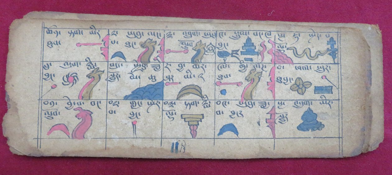 Ersu astrologisk almanakk for halvparten av den 11. måneden, med Ersu Shaba-piktogrammer og forklaringer på tibetansk av Unbekannt Unbekannt