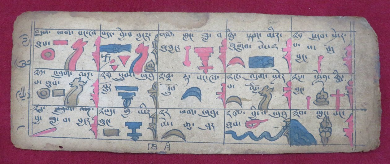 Ersu astrologisk almanakk for halvparten av den fjerde måneden, med Ersu Shaba-piktogrammer og forklaringer på tibetansk av Unbekannt Unbekannt