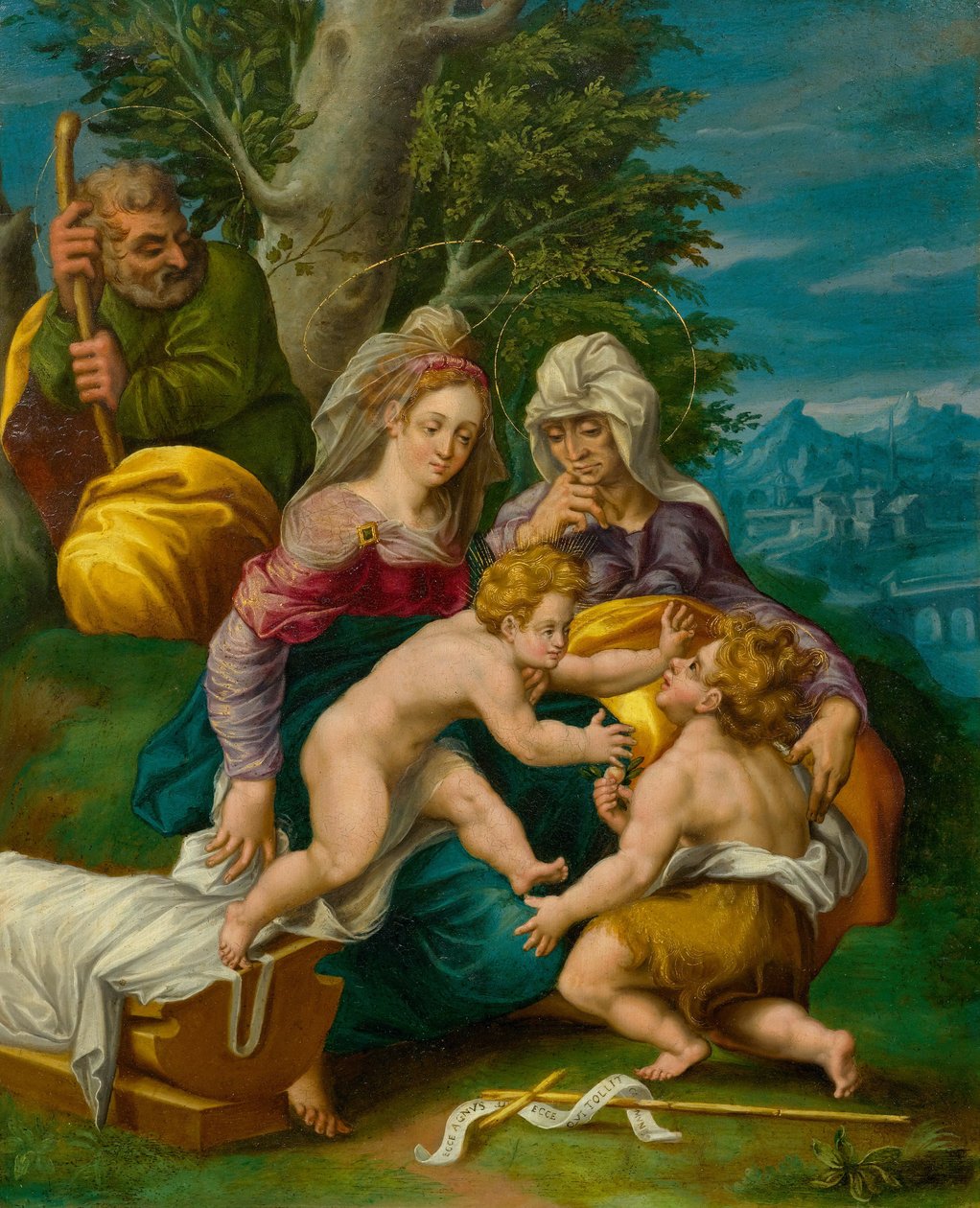 Hellig familie med Elisabeth og den unge døperen Johannes i et landskap av Unbekannt Unbekannt