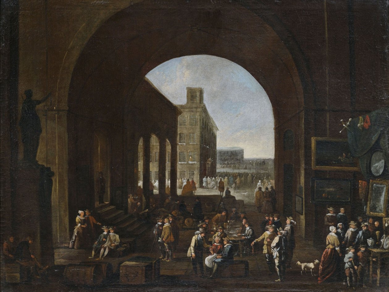 Kunstmarked under en stor buegang med utsikt over et overfylt italiensk torg av Unbekannt Unbekannt
