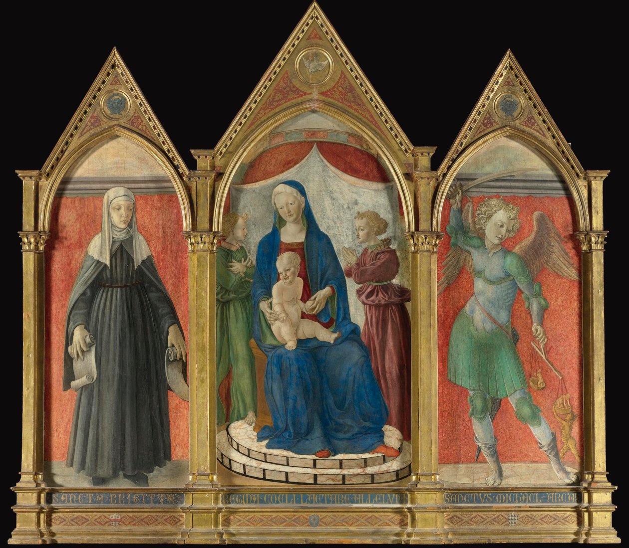 Maestro di Pratovecchio, triptyk med Majestet, Santa Brigida og San Michele av Unbekannt Unbekannt