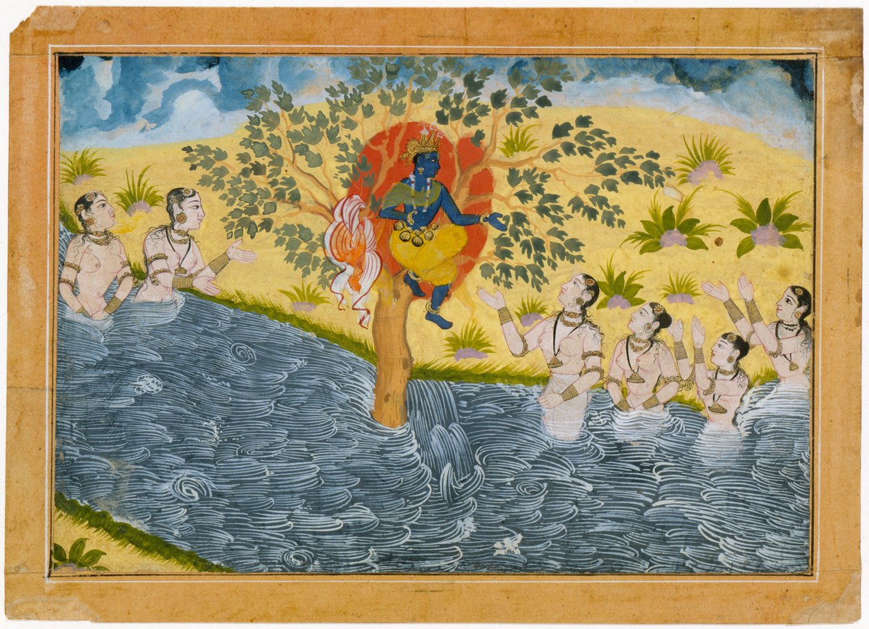 Gopiene ber Krishna om å returnere klærne sine. Folio fra en serie Bhagavata Purana (Ancient Stories of Lord Vishnu). av Unbekannt Unbekannt