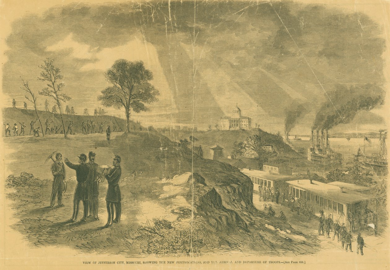 Utsikt over Jefferson City, Missouri, viser de nye festningsverkene og troppers ankomst og avgang. av Unbekannt Unbekannt