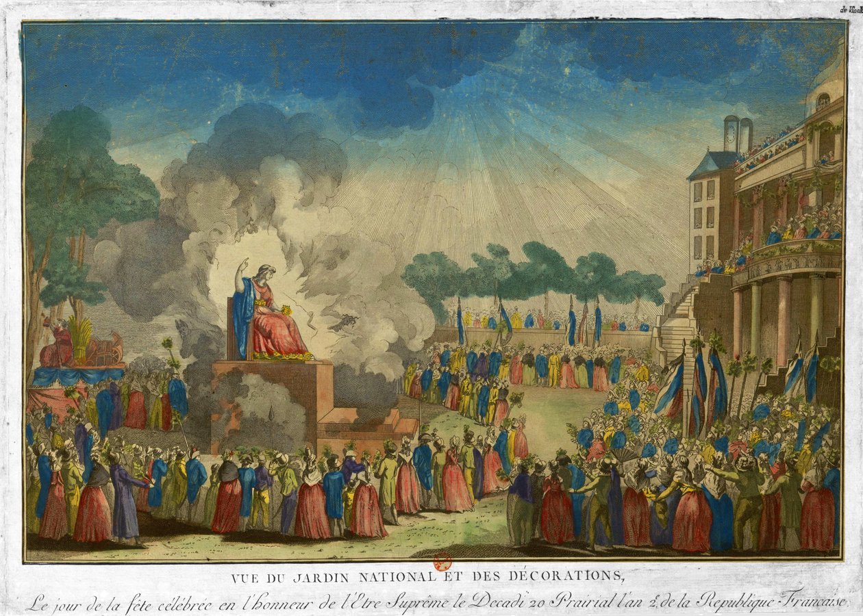 Utsikt over nasjonalhagen og dens dekorasjoner, på festdagen feiret til ære for det høyeste vesen (Festival of the Supreme Being) av Unbekannt Unbekannt