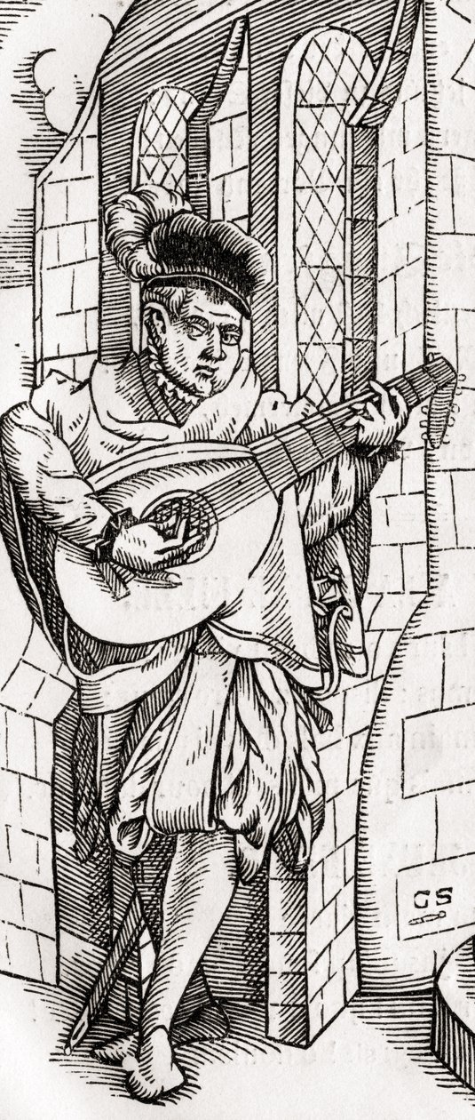En trubadur, detalj av et tresnitt, gravert av Georg Scharffenberg, fra 