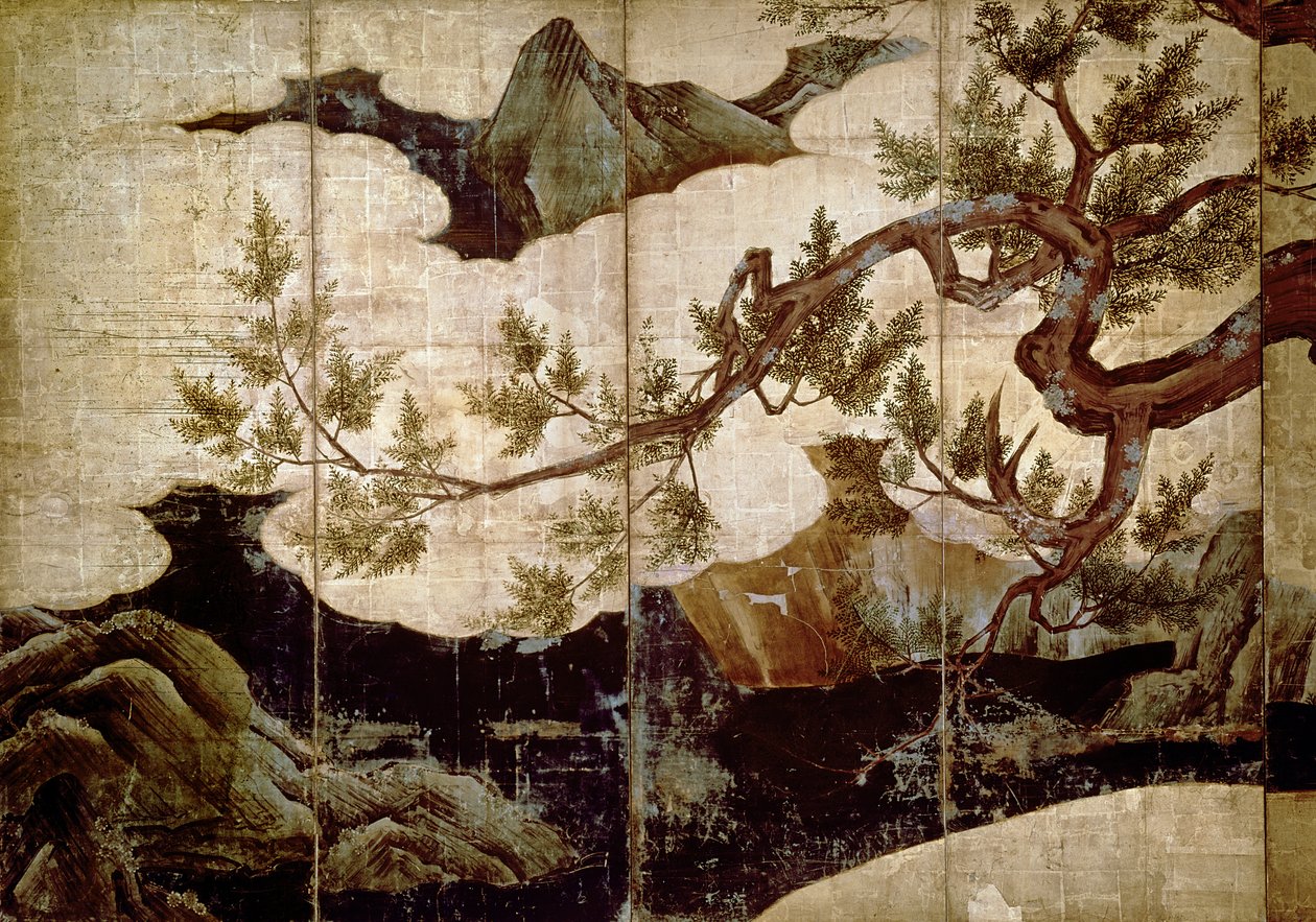 Cypress av Kano Eitoku, Muromanchi-perioden (1368-1573) (fra en åttedelt skjerm, farge på bladgullpapir) av Unbekannt Unbekannt