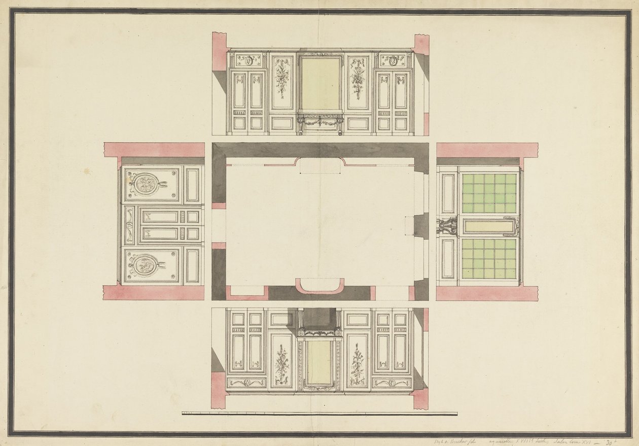 Design for fire vegger i en salong av Unbekannt Unbekannt