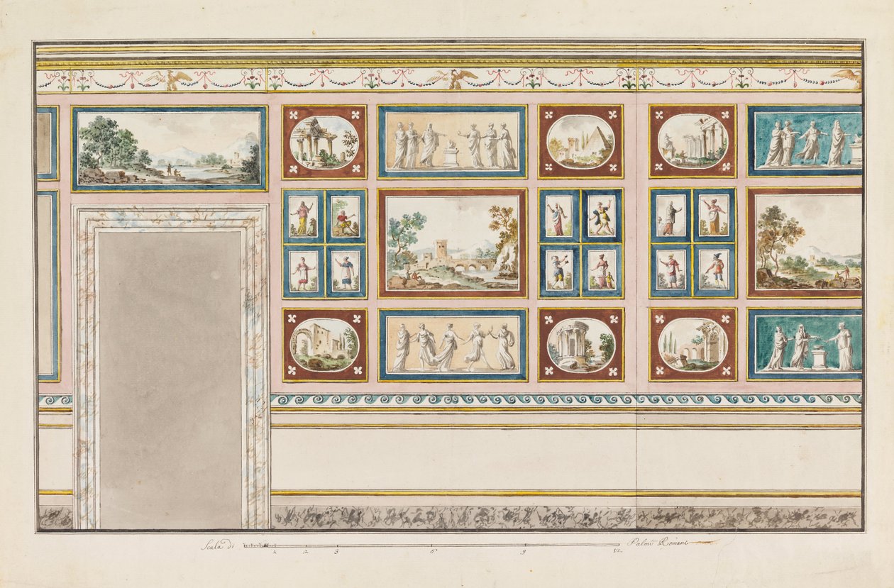 Design for veggdekorasjon med marmorerte og malte paneler av Unbekannt Unbekannt
