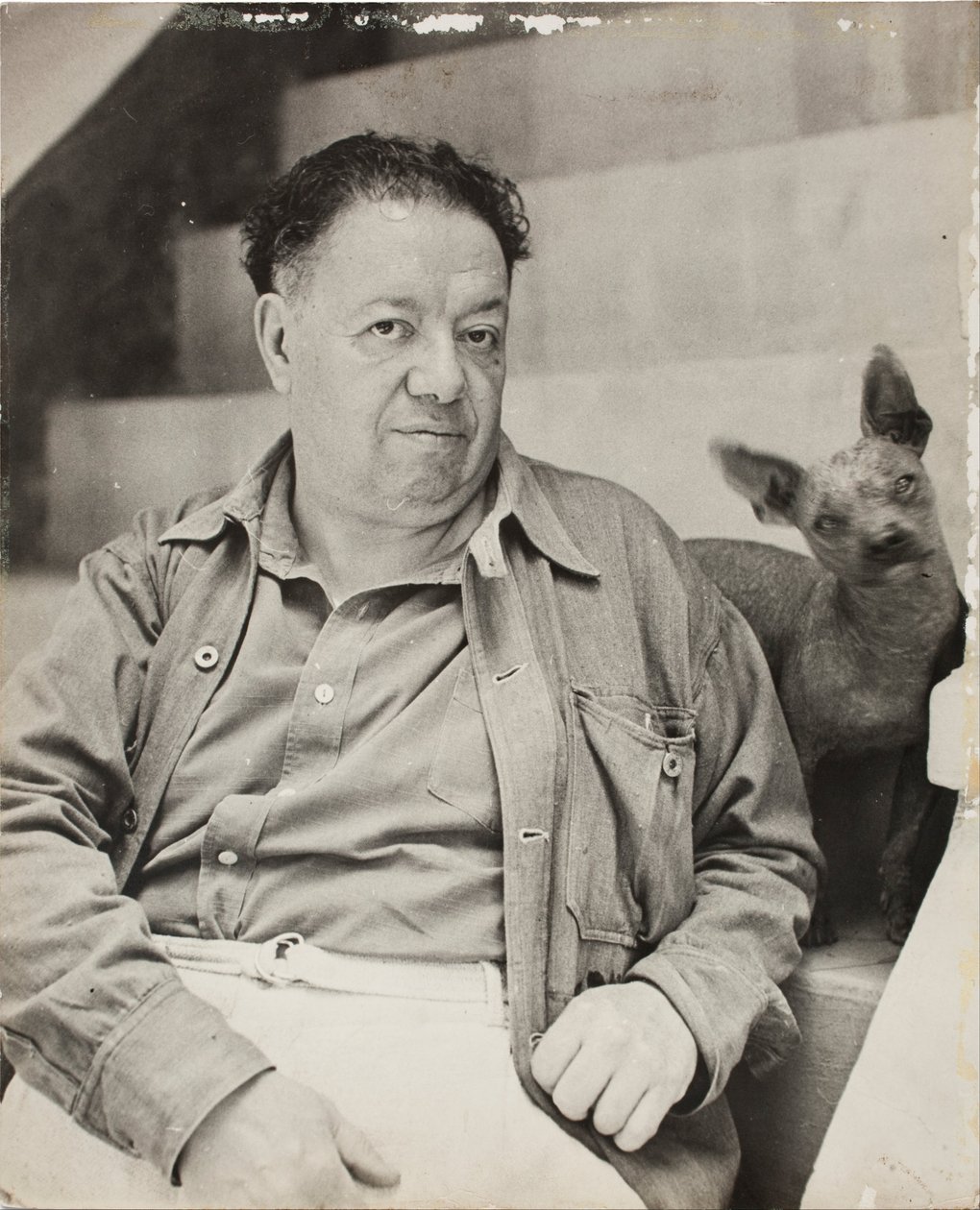 Diego Rivera med en xoloitzcuintle -hund i Det blå huset, Coyoacan av Unbekannt Unbekannt