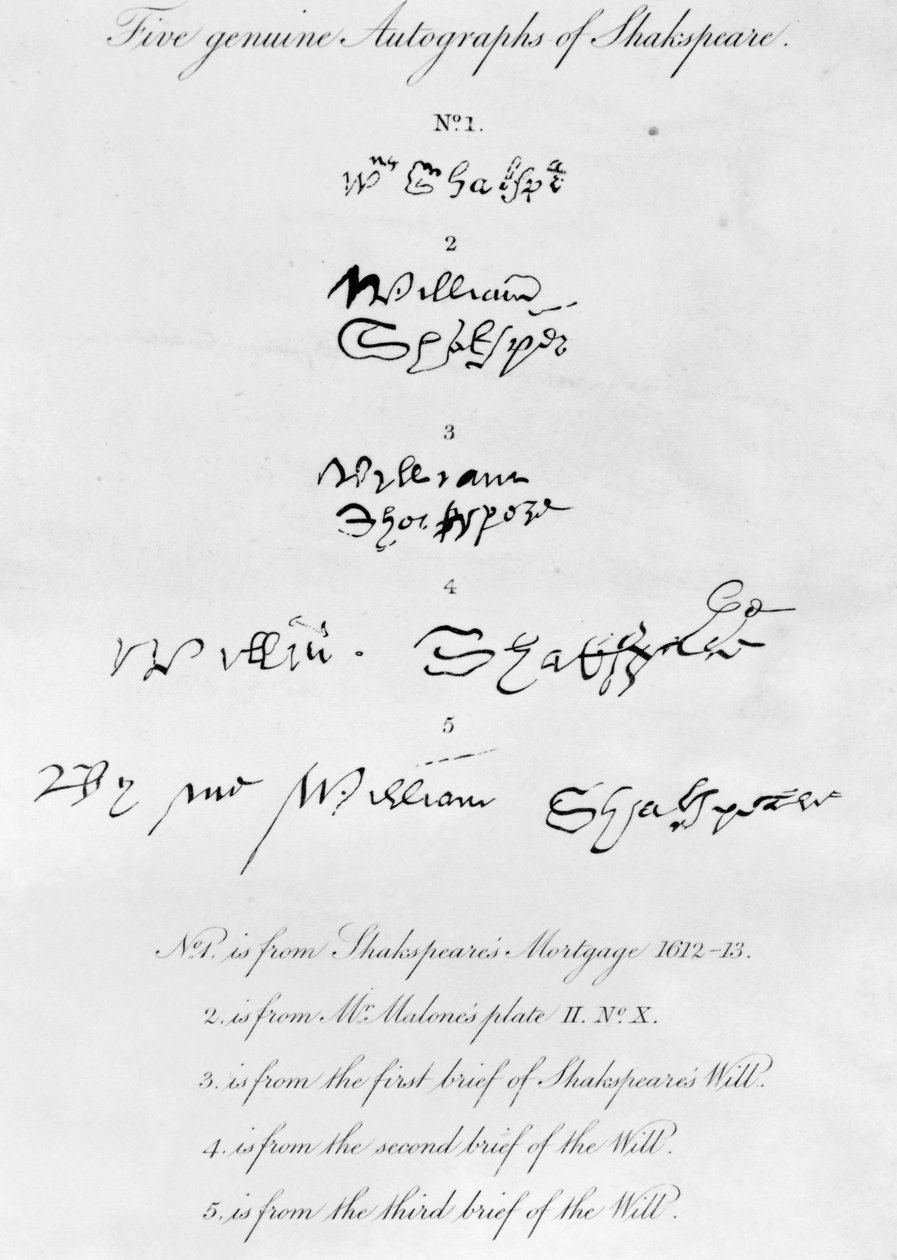 Fem ekte autografer av William Shakespeare (1564-1616) av Unbekannt Unbekannt