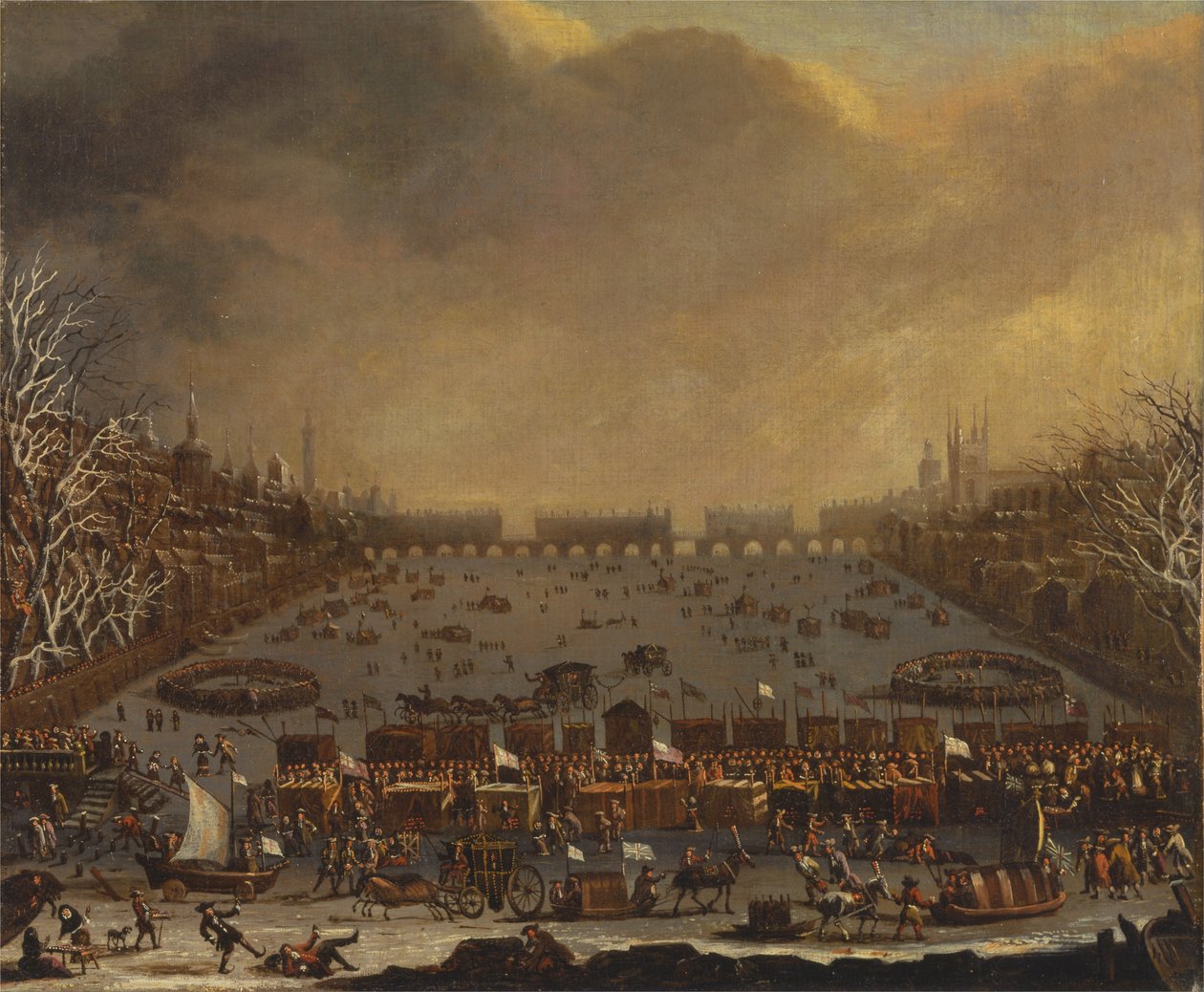 Frostmesse på Themsen, med Old London Bridge i det fjerne av Unbekannt Unbekannt