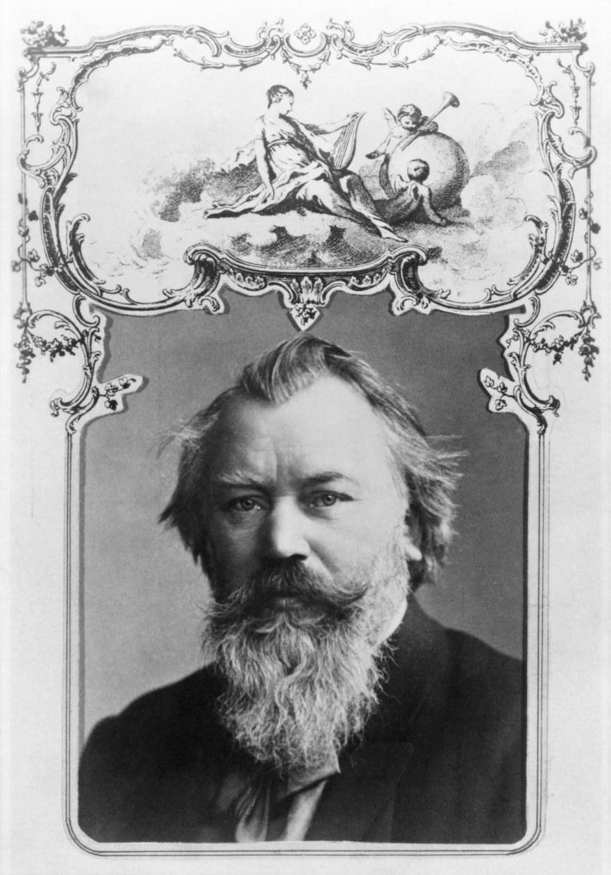 Johannes Brahms (1833-97) (bw fotosett i et dekorativt kortomslag) av Unbekannt Unbekannt