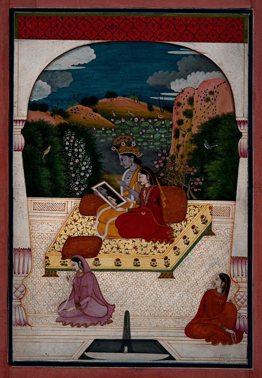 Krishna og Radha ser seg inn i et speil. av Unbekannt Unbekannt