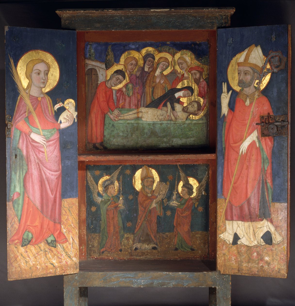 Liturgisk kabinett med Den hellige begravelse, Saint Agnes og en biskop Saint av Unbekannt Unbekannt