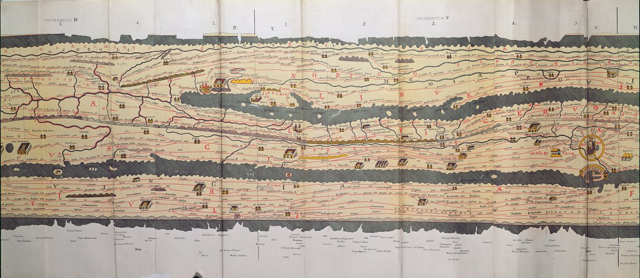En del av Tabula Peutingeriana (Peutinger-tabellen, Peutinger-kartet), et illustrert reiserute for veinettet i Romerriket Detalj av Italia fra Peutinger-kartkopien av Unbekannt Unbekannt