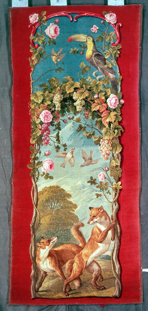 Skjermpanel som viser Aesops-fabelen The Fox and the Grapes, Savonnerie-teppe, midten av 1700-tallet av Unbekannt Unbekannt
