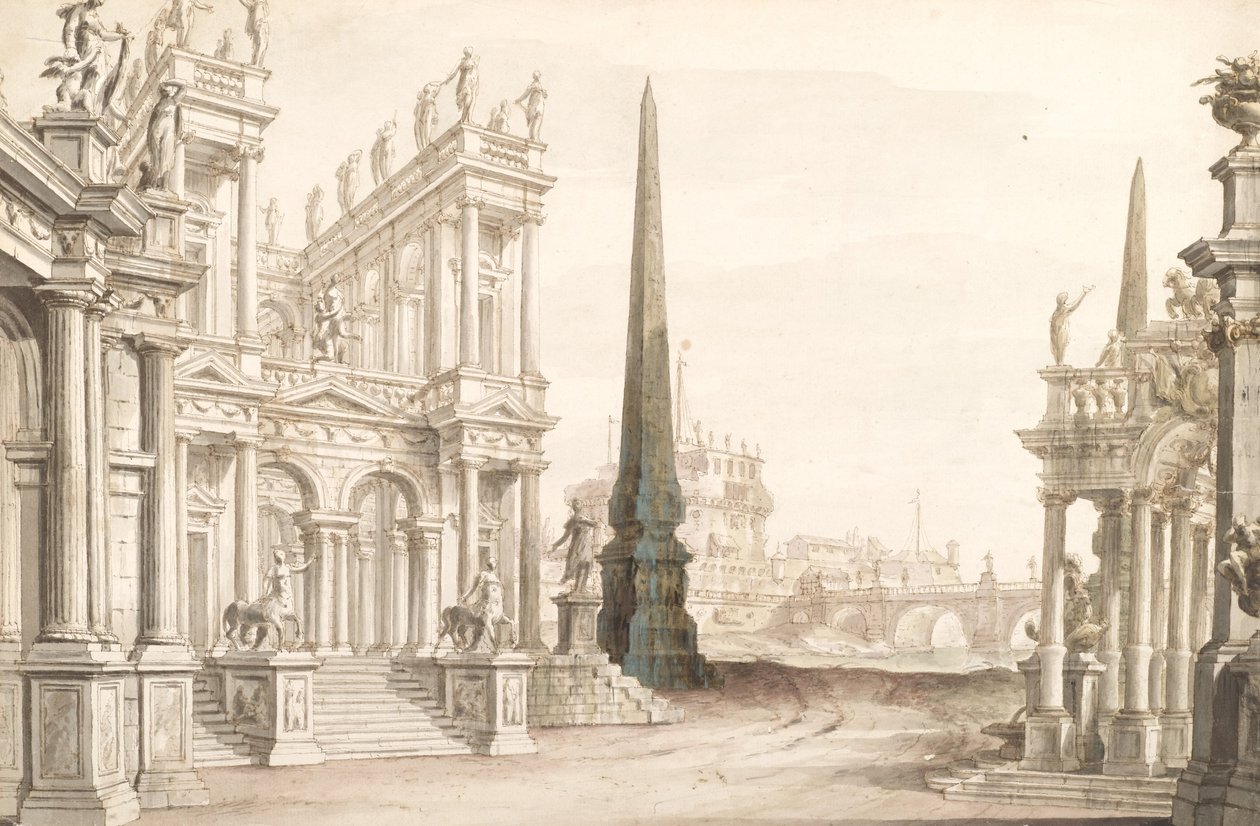 Settdesign som viser Fantasy of Rome med Castel Sant Angelo, Ponte Elio og Centaurs Ari ... av Unbekannt Unbekannt
