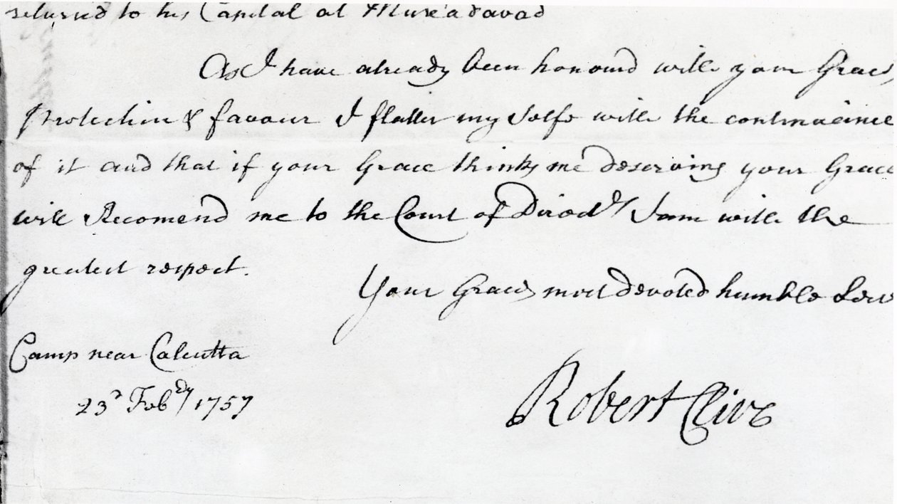 Signatur av Robert Clive (1725-74) 1757 (blekk på papir) av Unbekannt Unbekannt