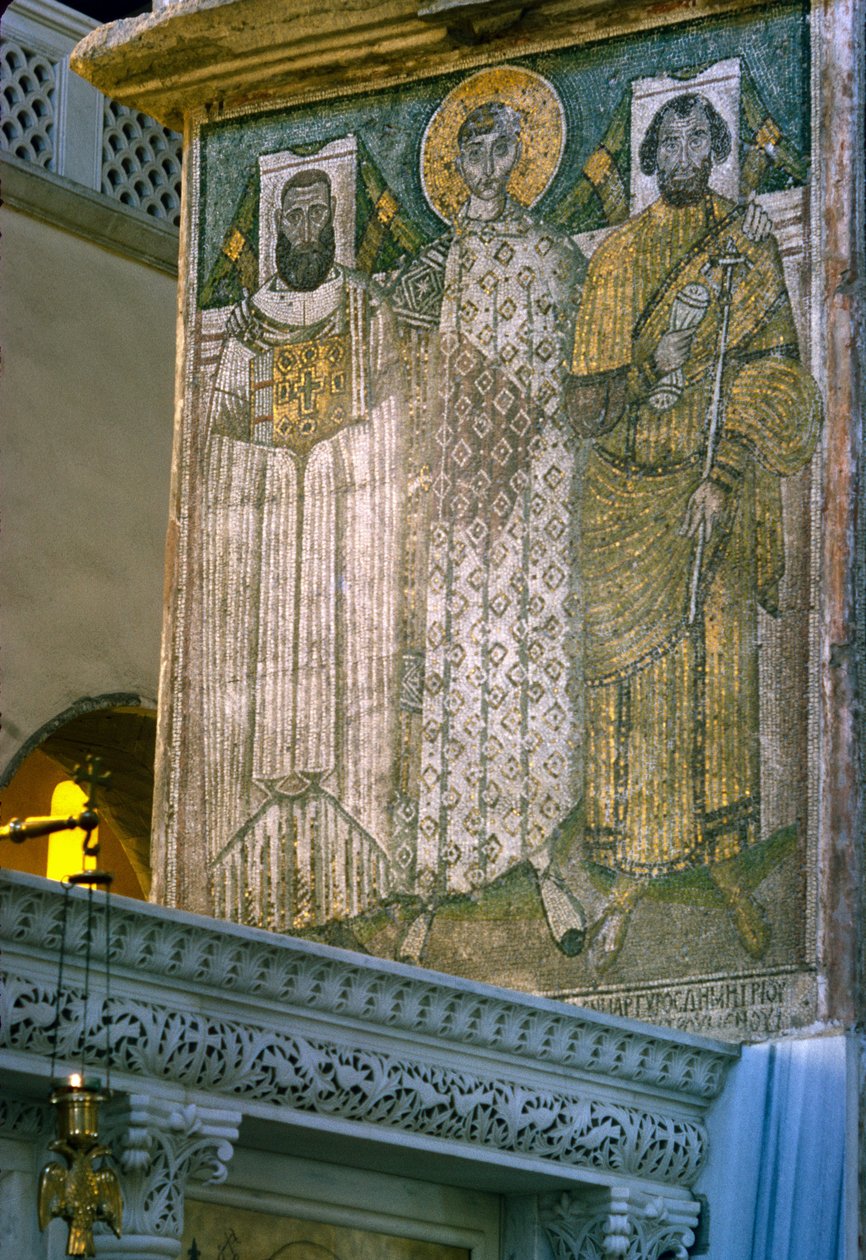 St Demetrius og givere, mosaikk i kirken Agios Georgios av Unbekannt Unbekannt