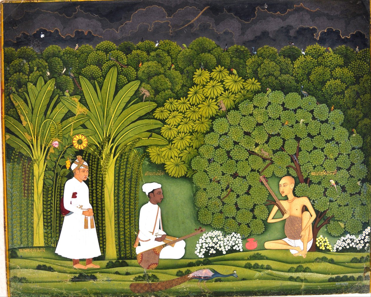 Swami Haridas med Tansen og Akbar på Vrindavan av Unbekannt Unbekannt
