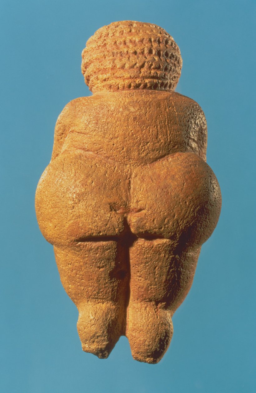 The Venus of Willendorf, bakfra av kvinnelig figur, Gravettian kultur, øvre paleolittisk periode, ca. 30000-18000 f.Kr. (oolittisk kalkstein farget med rød oker) (se også 54145 og 93777) av Unbekannt Unbekannt