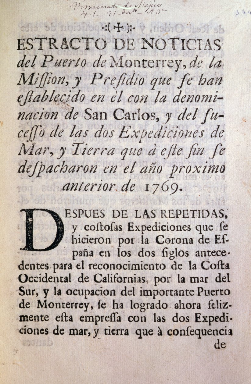 Den første siden av den offisielle beretningen om Portola-ekspedisjonen fra 1769-70 (trykt papir) av Unbekannt Unbekannt